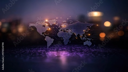 Abstract World Map with Glowing Lights and Bokeh Background Effects