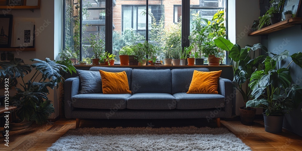 Obraz premium A chic contemporary living room with a stylish sofa, vibrant cushions, and green plants, creating a cozy and inviting space.