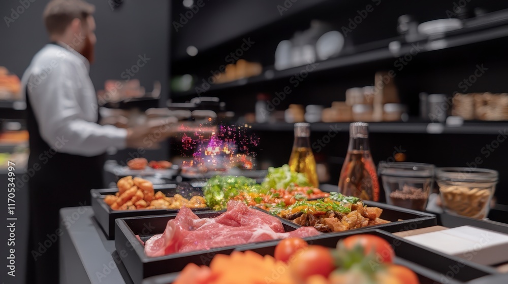 Obraz premium Gourmet Buffet Food Display Delicious Meat Salads and Appetizers