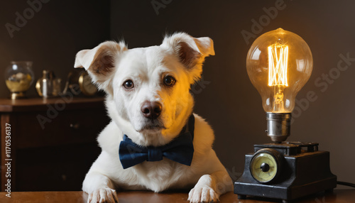 A dog as a scientist next to the Edison bulb.  photo