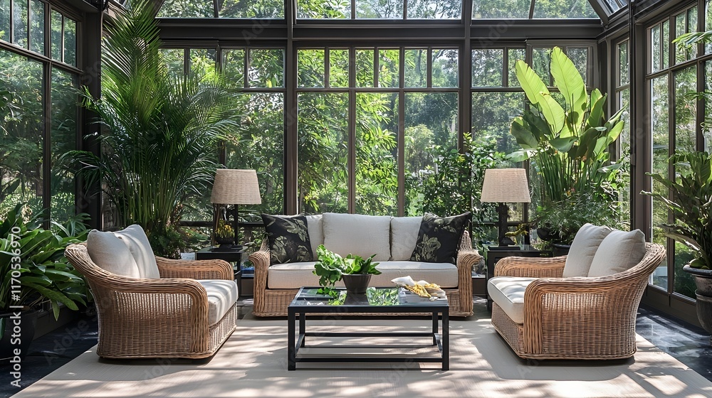 Relaxing Sunroom with Wicker Furniture and Lush Greenery Relaxing Sunroom with Wicker Furniture and Lush Greenery