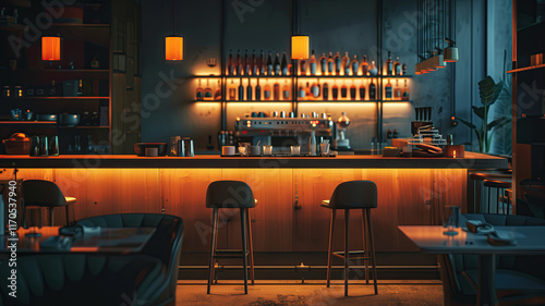 Interior of a cozy modern restaurant with a stylish bar counter and warm lamp lighting.	