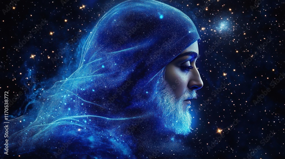 Futuristic Portrait of a Figure in Glowing Blue Veil Cyberpunk Style with Starry Night Background Futuristic Portrait of a Figure in Glowing Blue Veil Cyberpunk Style with Starry Night Background