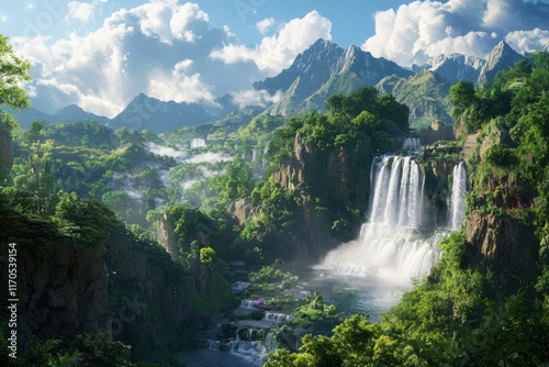 Nature meditation by a cascading waterfall surrounded by lush vegetation in a mountainous landscape capturing the refreshing mist and serenity of the environment