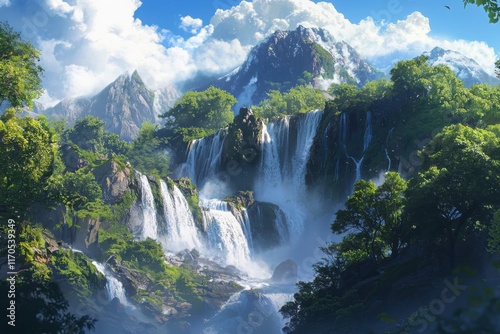 Nature meditation by a cascading waterfall lush vegetation scenic landscape refreshing mist tranquil environment