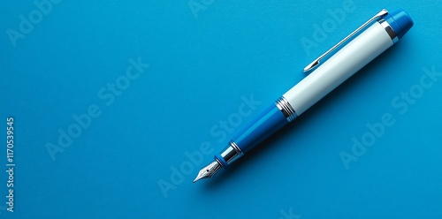 Blue and White Fountain Pen on Blue Background. photo