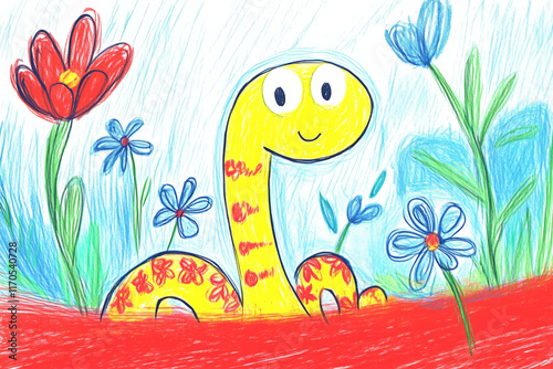 cheerful yellow snake with red spots peeks out from colorful garden filled with flowers. vibrant scene captures playful and whimsical atmosphere