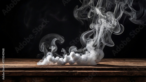A dark background provides a striking contrast to vibrant, white smoke that billows up from an empty wooden table in a captivating stock photo

