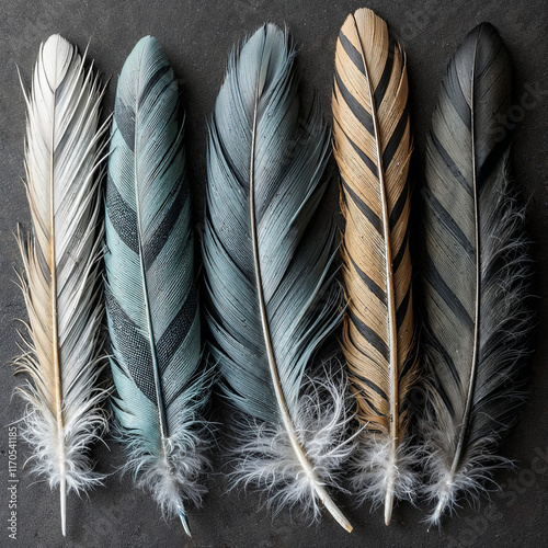 Concept photo of feather collections on dark background photo