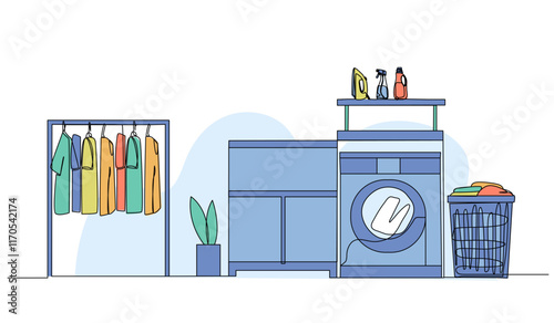 Vector illustration of laundry room ideas. Modern flat in continuous line style.