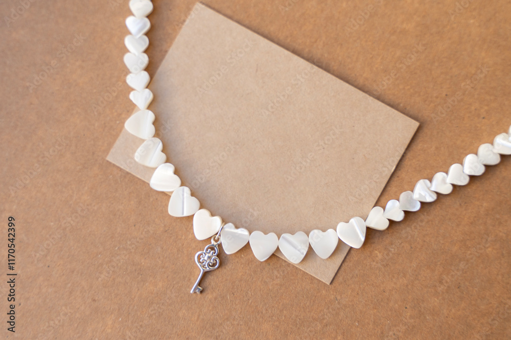 Gemstone necklace made of mother of pearls in shape of hearts.