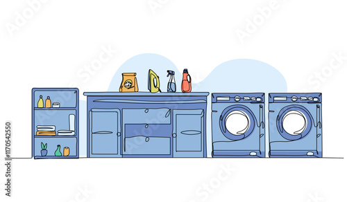 Vector illustration of laundry room ideas. Modern flat in continuous line style.