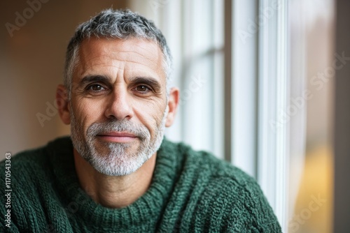 A cheerful middle-aged man sits by a window, basking in warm sunlight. His cozy green sweater and relaxed demeanor create a welcoming atmosphere in his home photo