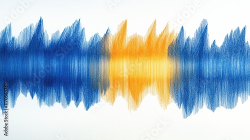Abstract pencil strokes create a vibrant sound wave visual in blue and orange hues showcasing dynamic energy