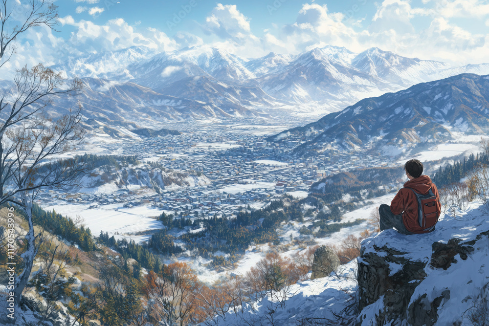 Fototapeta premium A boy sits on an elevated hill overlooking a vast mountain valley and the small town below in winter