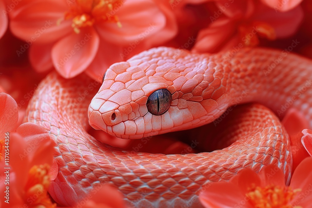 Fototapeta premium Vibrant Red Snake Sculpture Among Bright Red Flowers, Artistic and Lively Decoration for 2025, Captivating and Unique