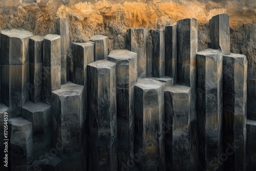 Dark basalt columns create a striking geometric pattern against a contrasting light-brown rock face.