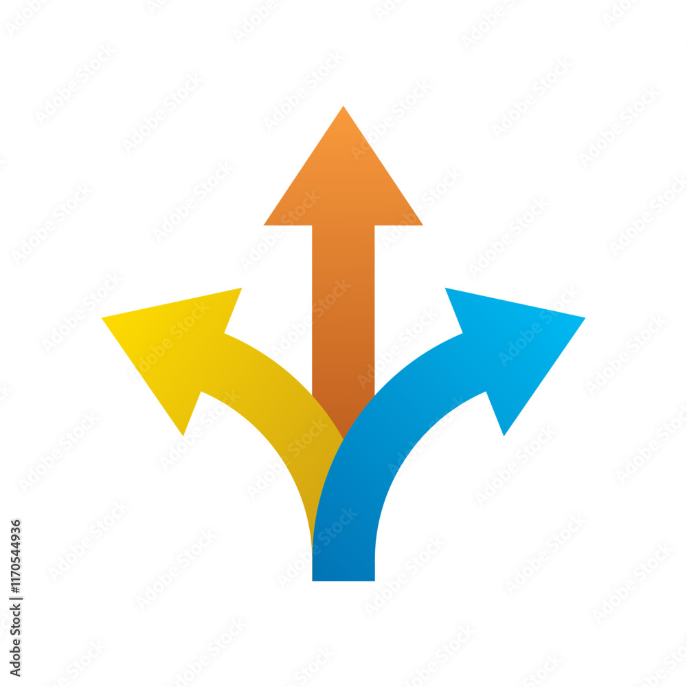 Three way arrow icon in flat design. 3 direction arrows sign symbol Three way arrow icon in flat design. 3 direction arrows sign symbol