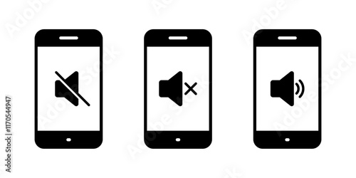 No sound speaker on phone screen icon set. Mute volume and audio on cellphone display sign symbol