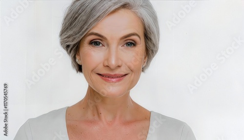 Elegant s Mature Woman Showcasing Radiant Skin Care Routine Isolated on White Background Emphasizing Beauty and Confidence in Skincare for Timeless Elegance photo