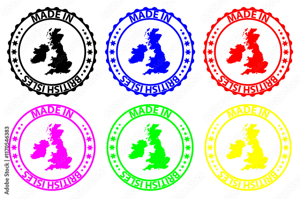Made in British Isles - rubber stamp - vector, British Isles map pattern - black, blue, green, yellow, purple and red