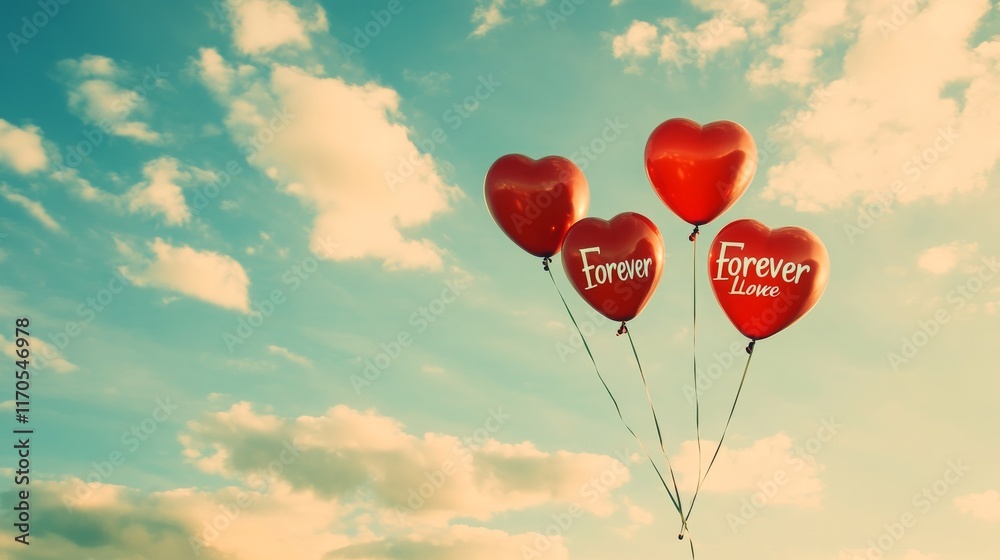 Fototapeta premium Four Heart-Shaped Balloons Against a Blue Sky with Clouds Representing Romance, Love, and Joyful Celebrations for Events and Special Occasions