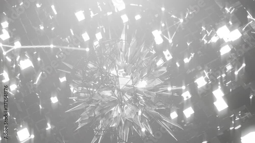 A geometric luminous sphere surrounded by platforms and lights in an abstract technological environment. Video loop seamless synchronized at 120 bmp