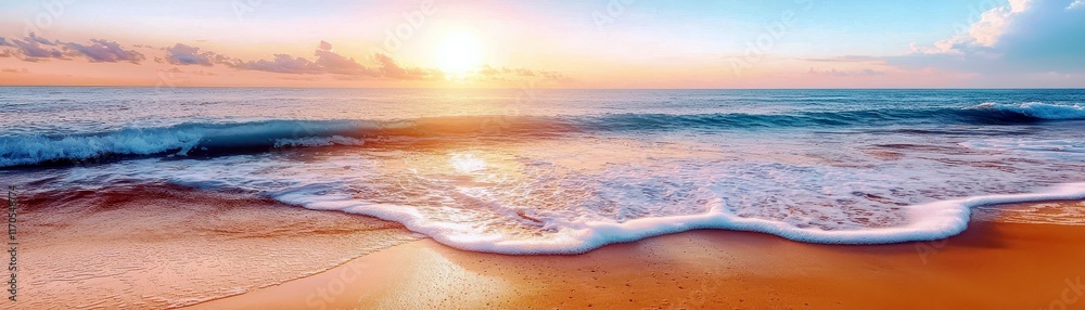 Tranquil Seaside Sunset with Gentle Waves Lapping Against the Shore Under a Colorful Sky and Soft Illuminated Clouds Reflecting on the Water Tranquil Seaside Sunset with Gentle Waves Lapping Against the Shore Under a Colorful Sky and Soft Illuminated Clouds Reflecting on the Water
