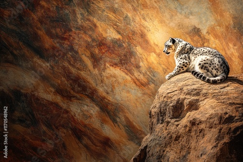 A snow leopard rests atop a rocky outcrop, against a dramatic, abstract background of swirling browns and oranges. photo