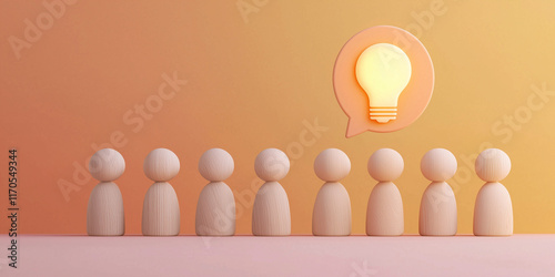 A group of wooden figures under a glowing lightbulb speech bubble symbolizes teamwork, leadership, and the power of collaborative creativity in a warm and minimalistic setting