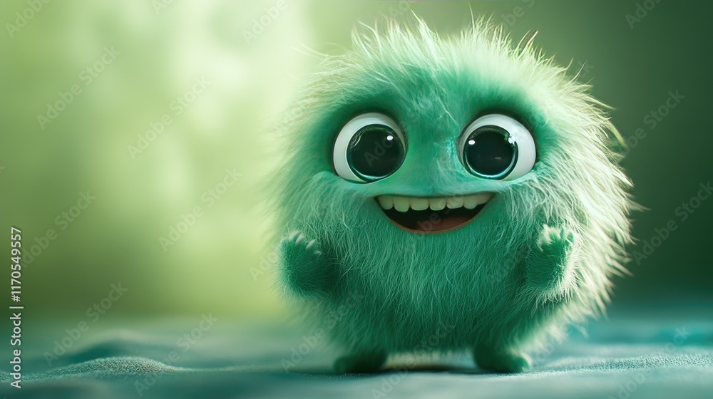 Happy green fluffy creature smiling. Happy green fluffy creature smiling.
