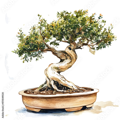 A watercolor vector painting of a Sandalwood Bonsai tree, isolated on a white background. Sandalwood Bonsai tree vector.

