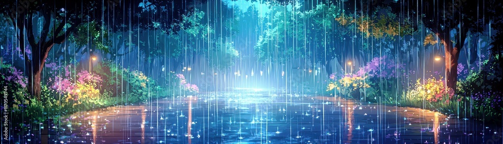 Serene Rainy Landscape with Lush Trees, Colorful Flowers and Gentle Ripples on Water Under Soft Glowing Lights at Dusk in a Tranquil Setting Serene Rainy Landscape with Lush Trees, Colorful Flowers and Gentle Ripples on Water Under Soft Glowing Lights at Dusk in a Tranquil Setting