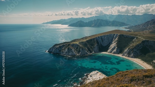 Panorama, view over mountain peaks and sea  photo