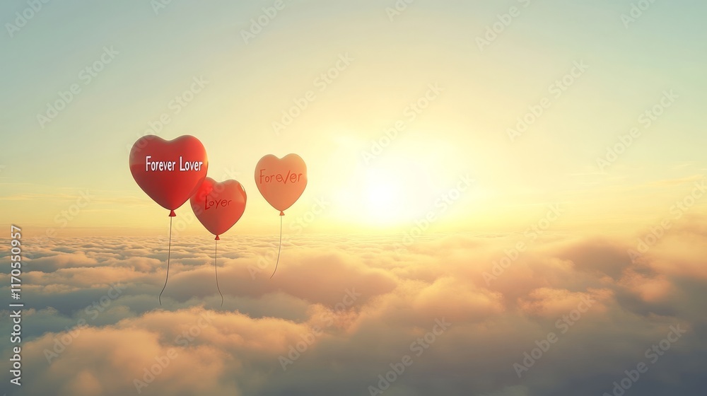 Fototapeta premium Romantic Heart-Shaped Balloons Floating Above the Clouds at Sunset Representing Love and Affection in a Dreamy Sky Setting