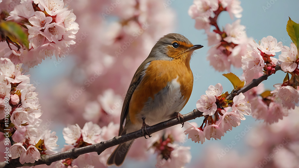 Bird perched on blossom branch. Hanami. Cherry Blossom Festival. Blooming sakura video. Macro photo of robin with pink cherry flowers. Spring wildlife and nature concept. Japanese nature background Bird perched on blossom branch. Hanami. Cherry Blossom Festival. Blooming sakura video. Macro photo of robin with pink cherry flowers. Spring wildlife and nature concept. Japanese nature background