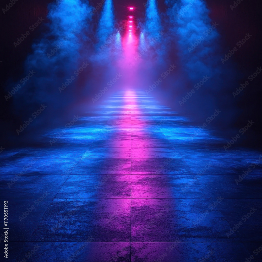 Fototapeta premium Pink and blue neon lights illuminate a smoky, tiled floor.