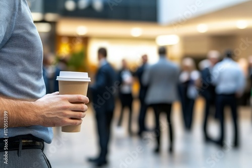 Wallpaper Mural A lively networking atmosphere showcases an attendee holding a coffee cup, engaging with others while blurred figures converse in the background under warm lighting Torontodigital.ca