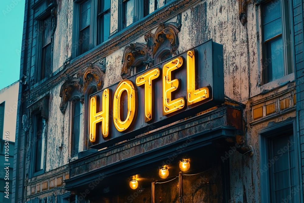 Illuminated Parisian hotel sign taken at dusk Illuminated Parisian hotel sign taken at dusk