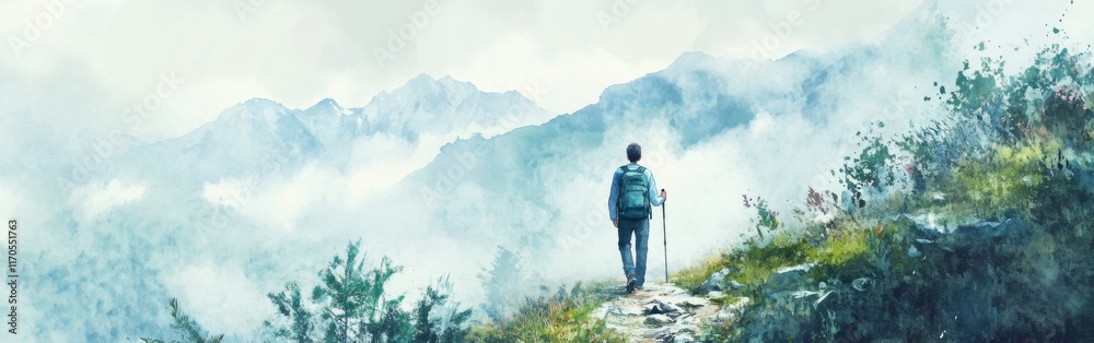 Obraz premium Capturing the tranquil moment of a hiker exploring a misty mountain trail during dawn light