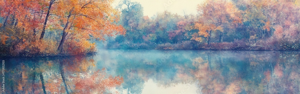 Obraz premium Serene autumn landscape reflecting vibrant colors over calm water in a tranquil setting