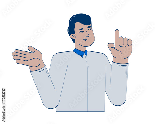 Business casual indian man explaining with raised finger 2D doodle character. South asian instructor mentor teaching cartoon person vector drawing isolated on white. Hand drawn illustration colorful