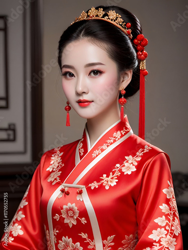 Red Golden Elegance on Red Hanfu Silk Generative AI
