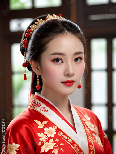 Cultural Beauty in Traditional Red Dress Generative AI