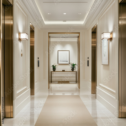 Elegant hotel corridor with elevators, neutral tones, and modern design.