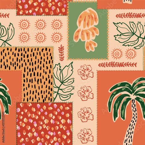 Obraz na płótnie Tropical patchwork seamless pattern. Abstract ethnic vector print with hand drawn palm tree, bananas. Jungle summer beach wallpaper. Hawaiian tribal elements, hibiscus, leopard spots illustration. w salonie