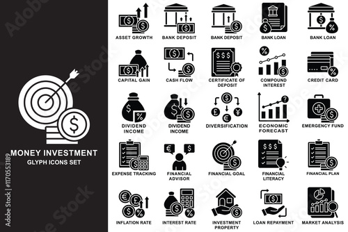 Money investment glyph icons set. contain account balance, asset growth, debt payment, money, emergency fund and more. use for modern concept, UI, UX, web and app development. Vector EPS 10