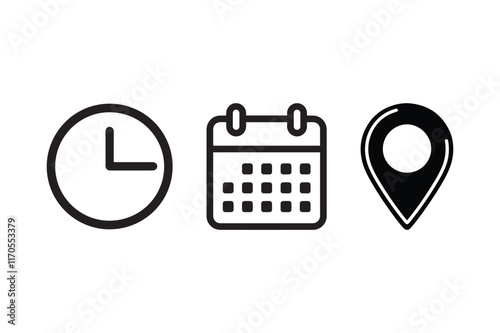 Minimalist Clock Calendar and Location Icon Set Vector Illustration