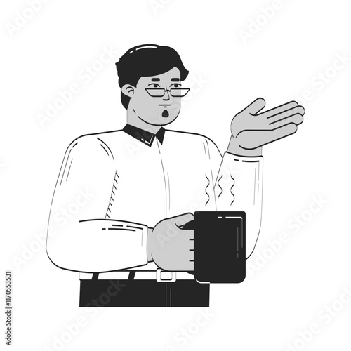 Professional arab man gesturing while holding hot coffee mug doodle linear character. Conversational pose. Professor coffeebreak 2D vector outline person isolated. Hand drawn drawing illustration