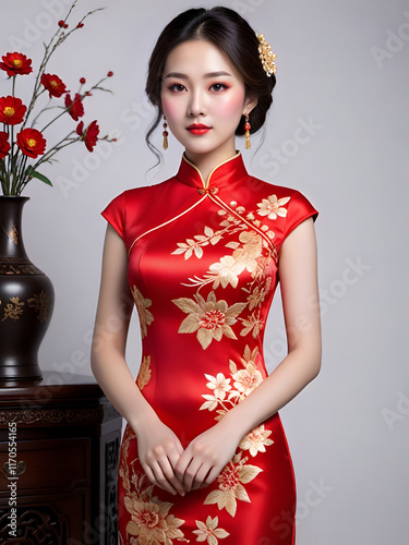 Luxury Silk Qipao with Gold Flowers Generative AI